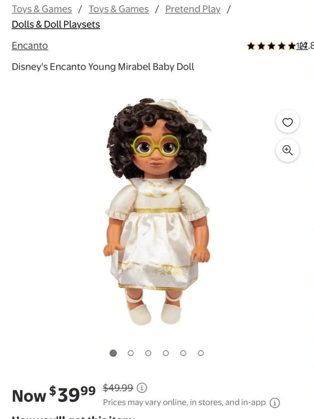 Mirabel Disney Brown-Skinned Curly-Hair Doll in Cream and Gold Dress no glasses